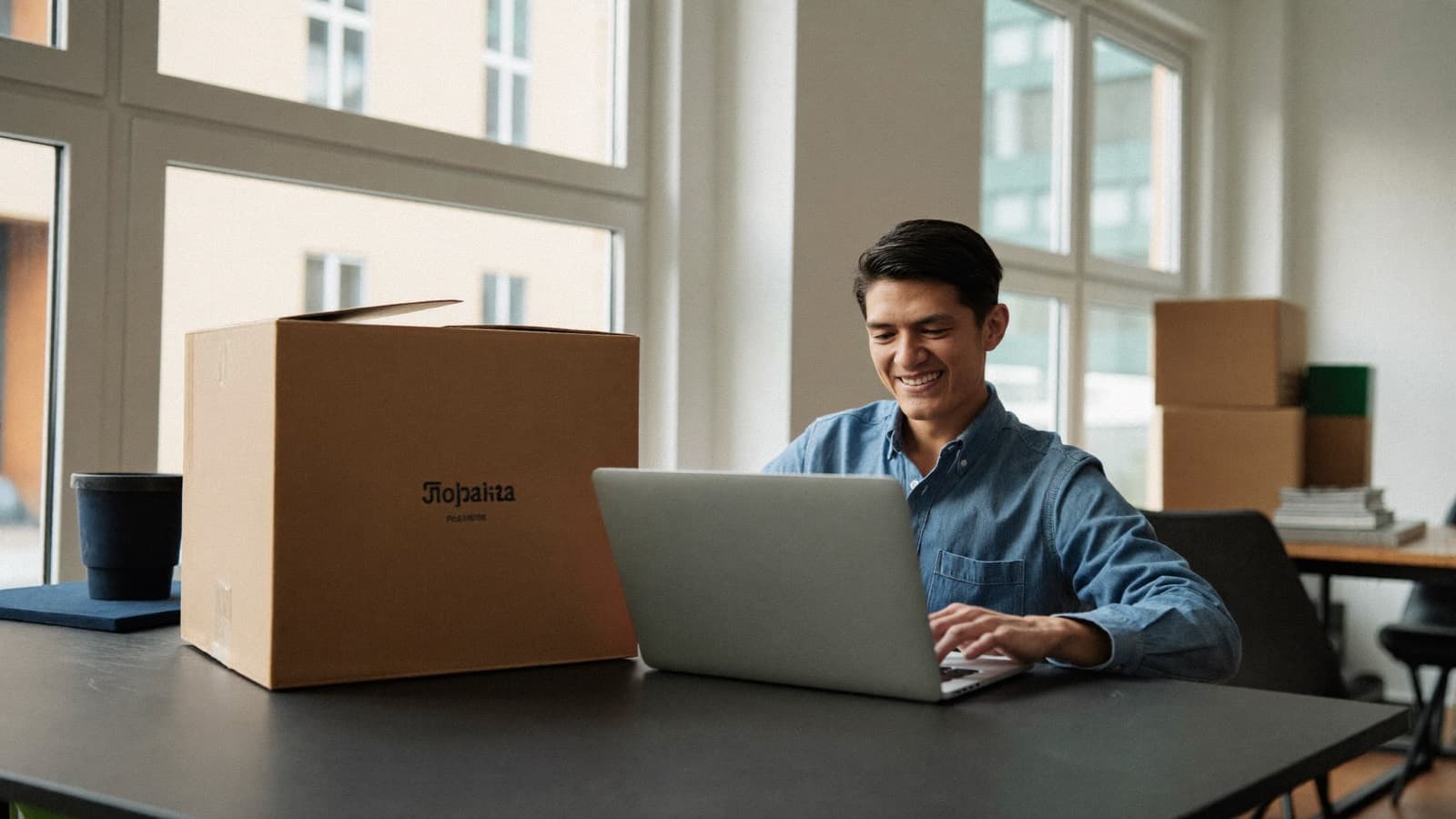 Business relocation: an entrepreneur with boxes in a new office